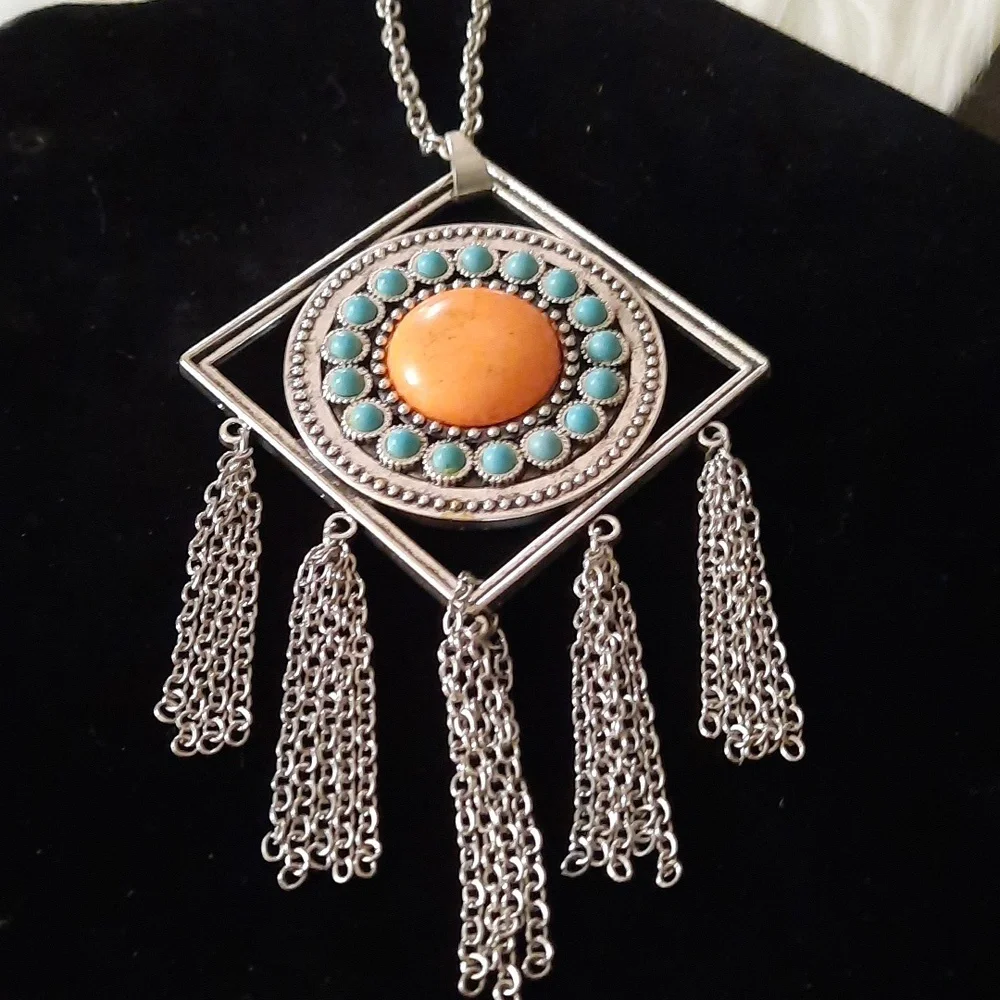 3/25$ sandstone faux turquoise/coral fringe fashion necklace silvertone - Picture 1 of 7